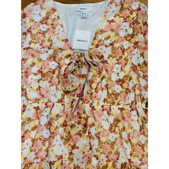 NWT Forever 21 Plus 0X Peach Floral long sleeve ruffled mini dress cottage fairy - Picture 4 of 8